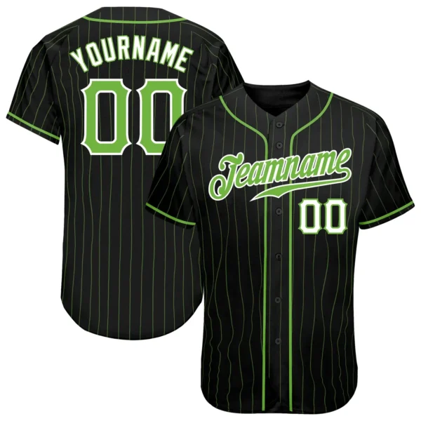 Custom Black Pinstripe Baseball Jersey with Neon Green-White