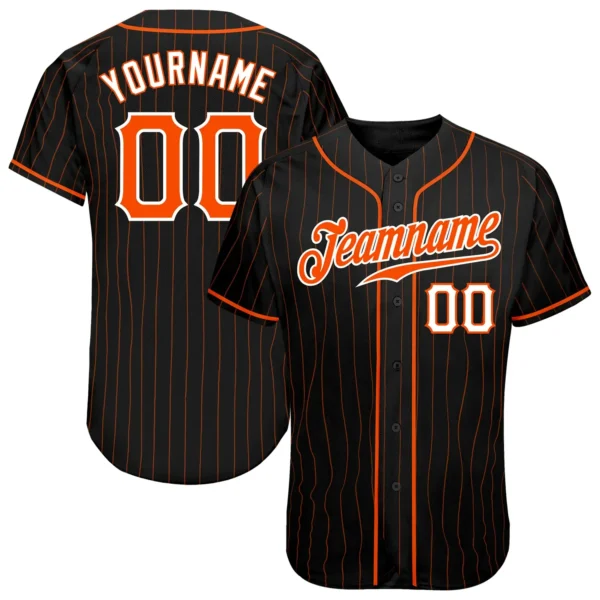 Custom Black Pinstripe Baseball Jersey with Orange-White