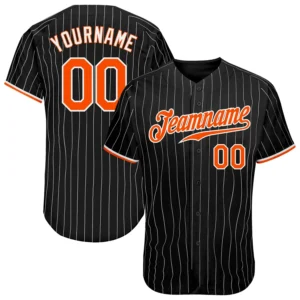Custom Black Pinstripe Baseball Jersey with Orange-White
