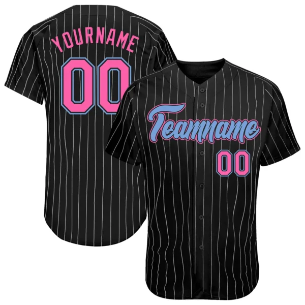 Custom Black Pinstripe Baseball Jersey with Pink-Light Blue