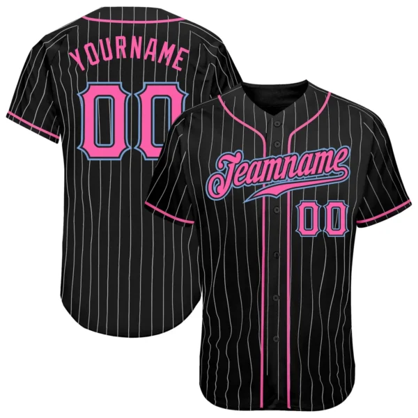 Custom Black Pinstripe Baseball Jersey with Pink-Light Blue