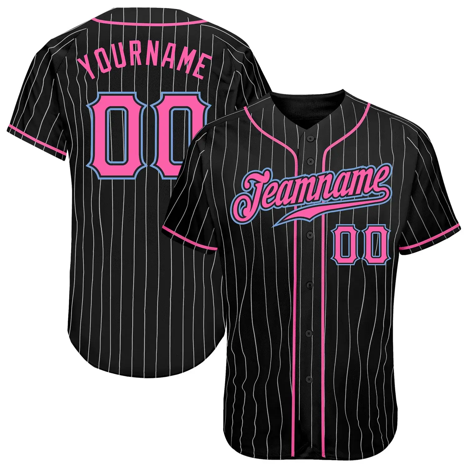 Custom Black Pinstripe Baseball Jersey with Pink-Light Blue