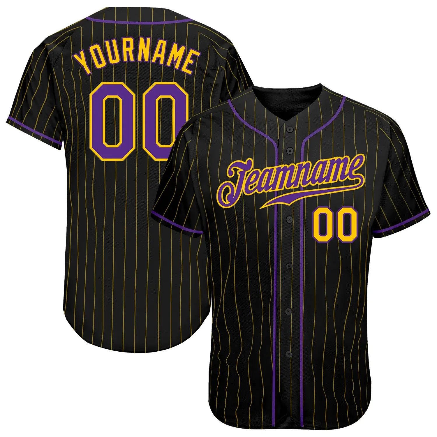 Custom Black Pinstripe Baseball Jersey with Purple-Gold