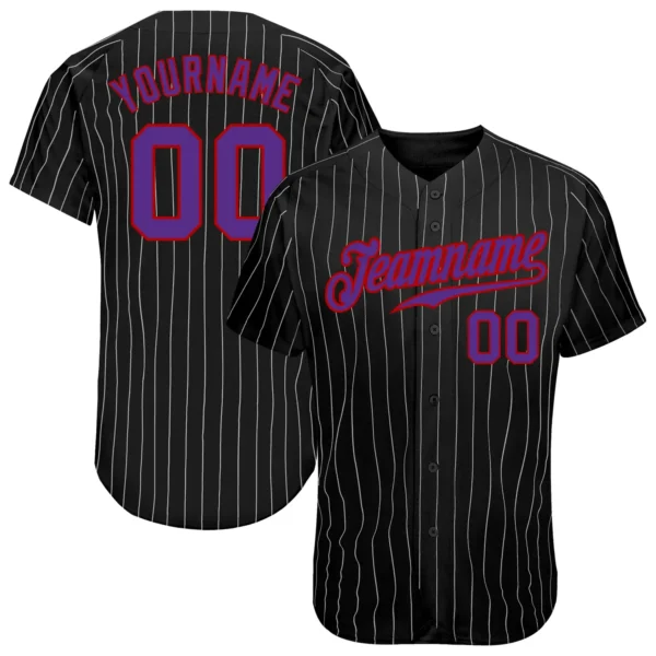 Custom Black Pinstripe Baseball Jersey with Purple-Red