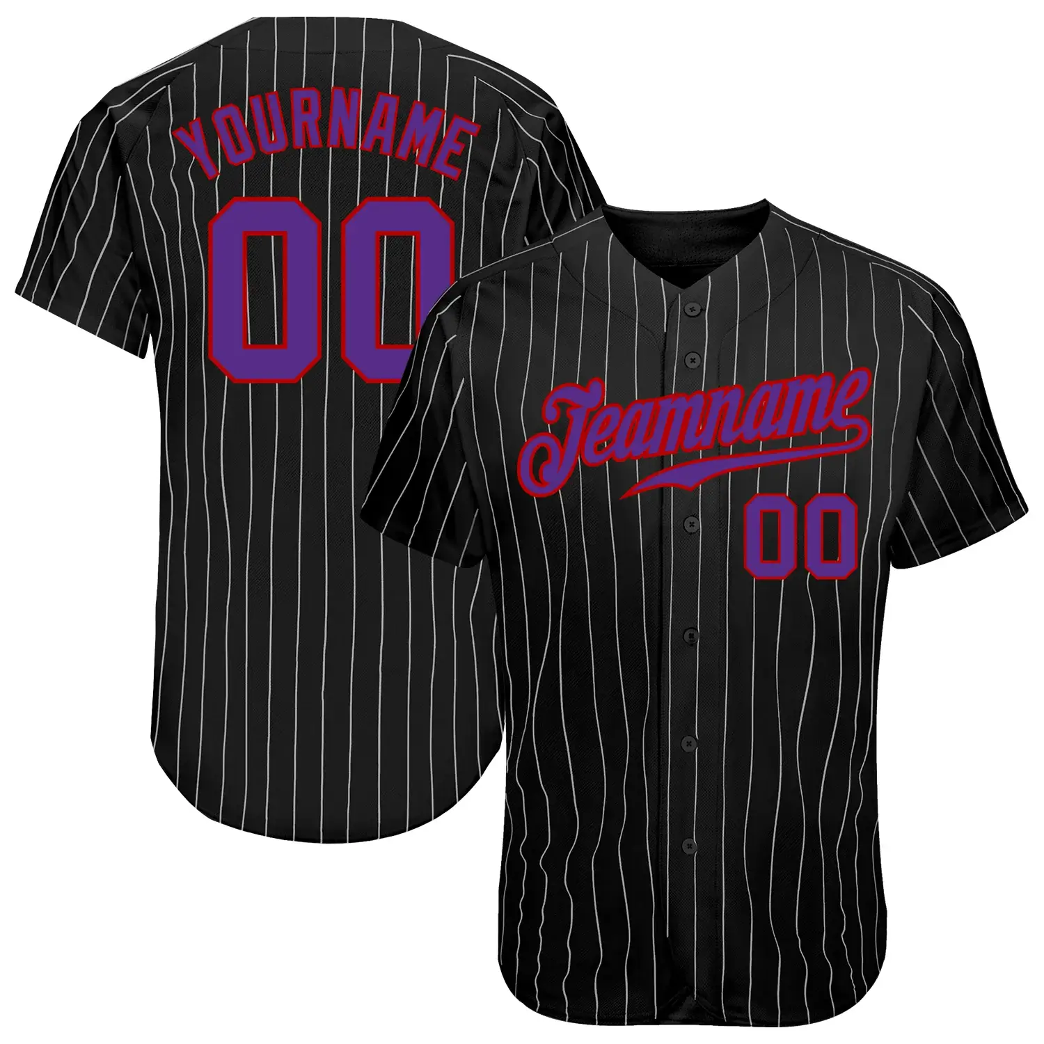 Custom Black Pinstripe Baseball Jersey with Purple-Red