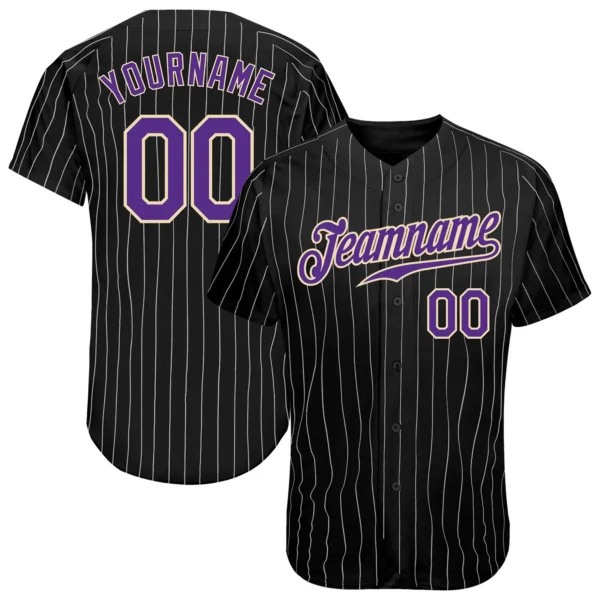 Custom Black Pinstripe Baseball Jersey with Purple-White