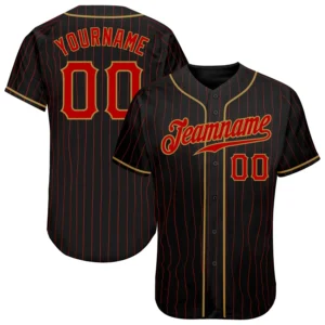 Custom Black Pinstripe Baseball Jersey with Red-Old Gold