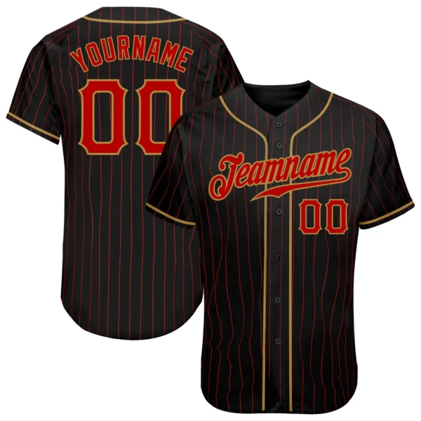 Custom Black Pinstripe Baseball Jersey with Red-Old Gold