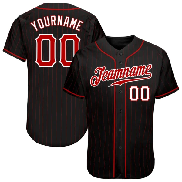 Custom Black Pinstripe Baseball Jersey with Red-White