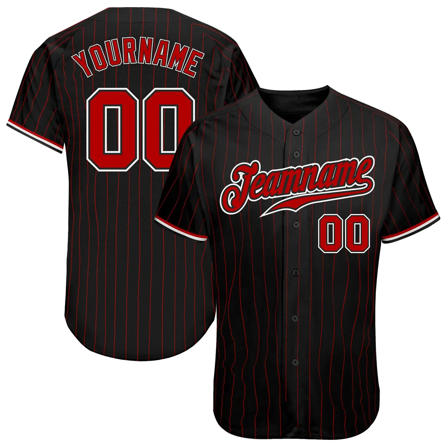 Custom Black Pinstripe Baseball Jersey with Red-White