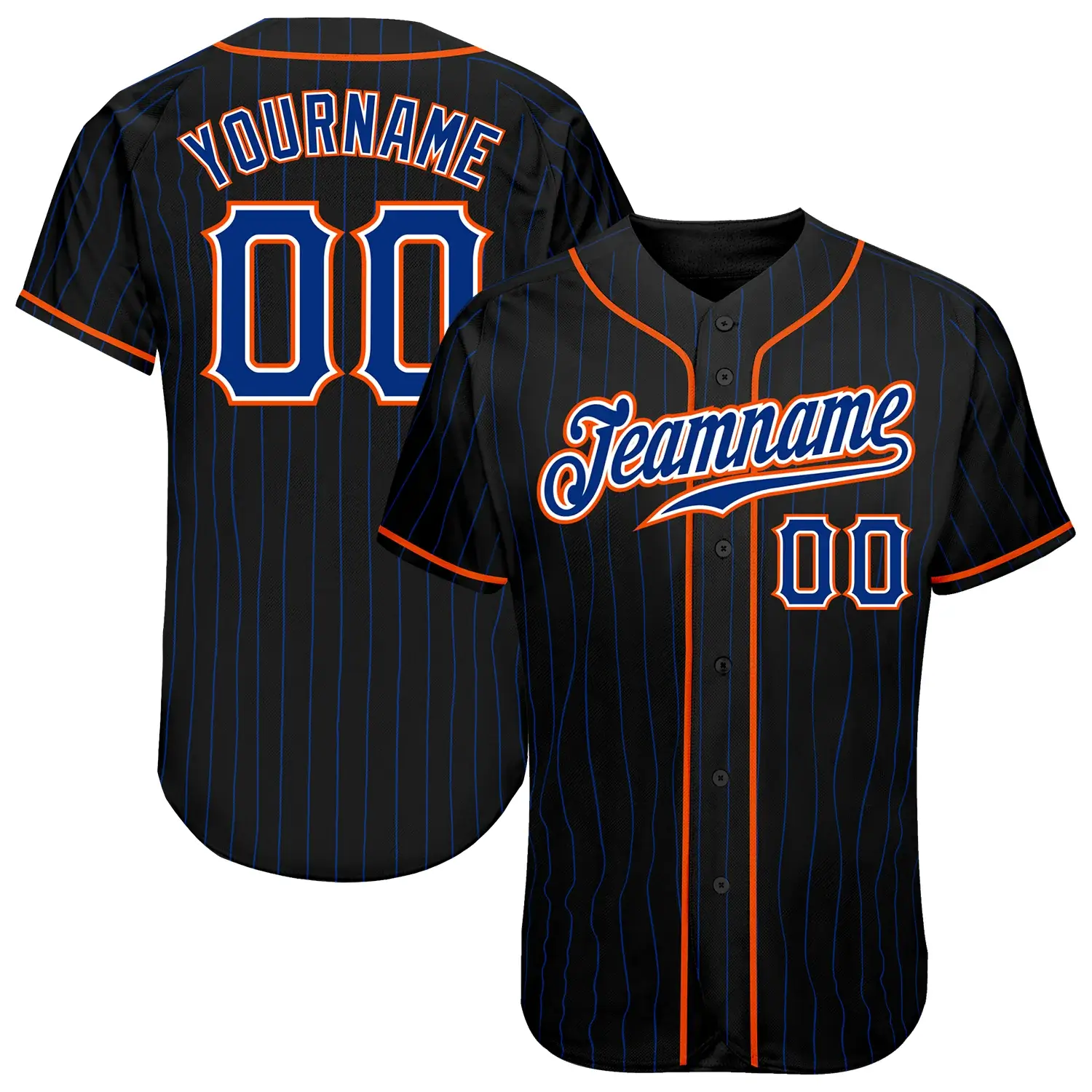 Custom Black Pinstripe Baseball Jersey with Royal-Orange