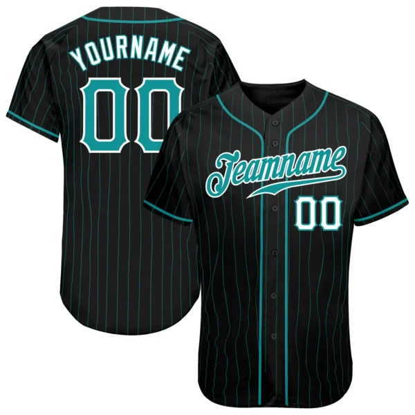 Custom Black Pinstripe Baseball Jersey with Teal-White