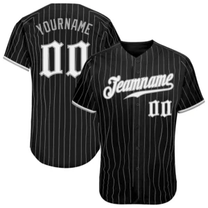 Custom Black Pinstripe Baseball Jersey with White-Gray