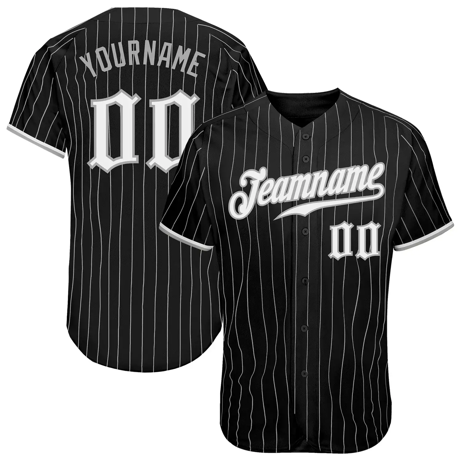 Custom Black Pinstripe Baseball Jersey with White-Gray