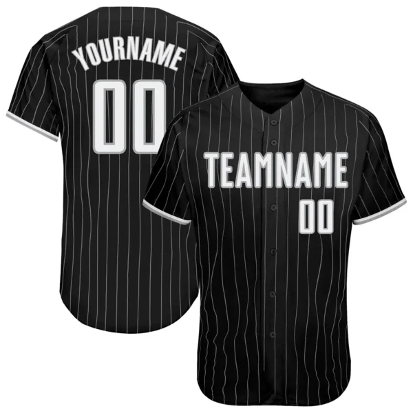Custom Black Pinstripe Baseball Jersey with White-Gray