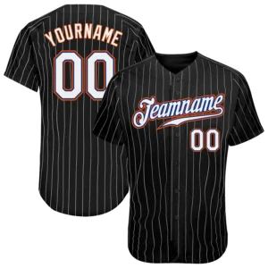 Custom Black Pinstripe Baseball Jersey with White-Orange