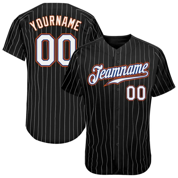 Custom Black Pinstripe Baseball Jersey with White-Orange