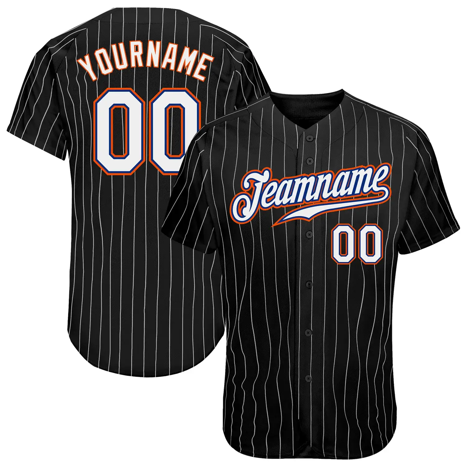 Custom Black Pinstripe Baseball Jersey with White-Orange