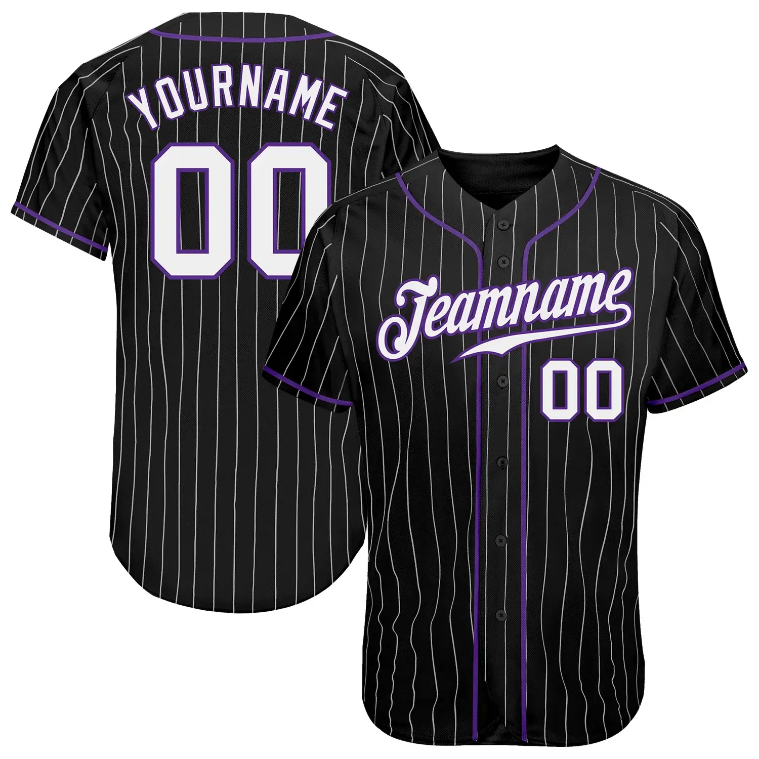Custom Black Pinstripe Baseball Jersey with White-Purple