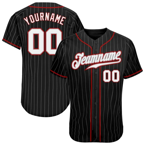 Custom Black Pinstripe Baseball Jersey with White-Red