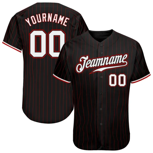 Custom Black Pinstripe Baseball Jersey with White-Red