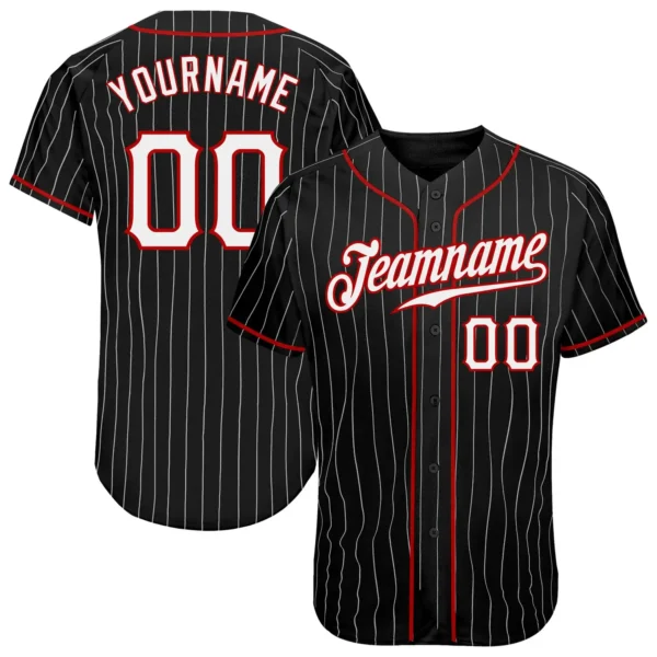 Custom Black Pinstripe Baseball Jersey with White-Red
