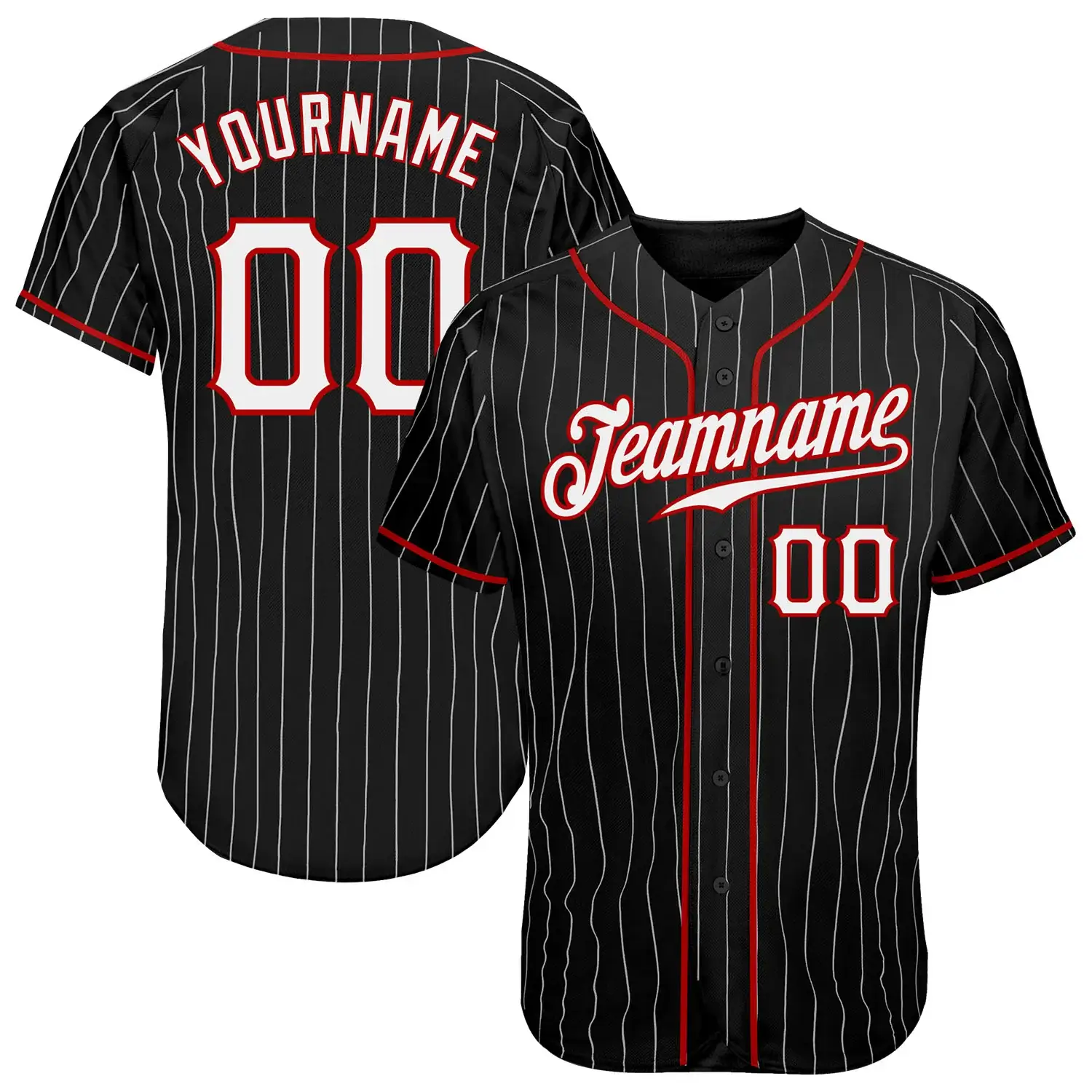 Custom Black Pinstripe Baseball Jersey with White-Red