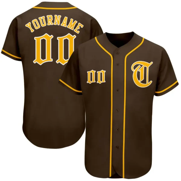 Custom Brown Baseball Jersey with Gold-White