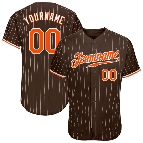 Custom Brown Pinstripe Baseball Jersey with Orange-White