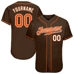 Custom Brown Pinstripe Baseball Jersey with Orange-White