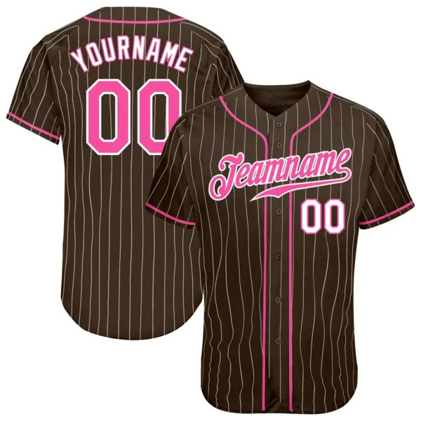 Custom Brown Pinstripe Baseball Jersey with Pink-White