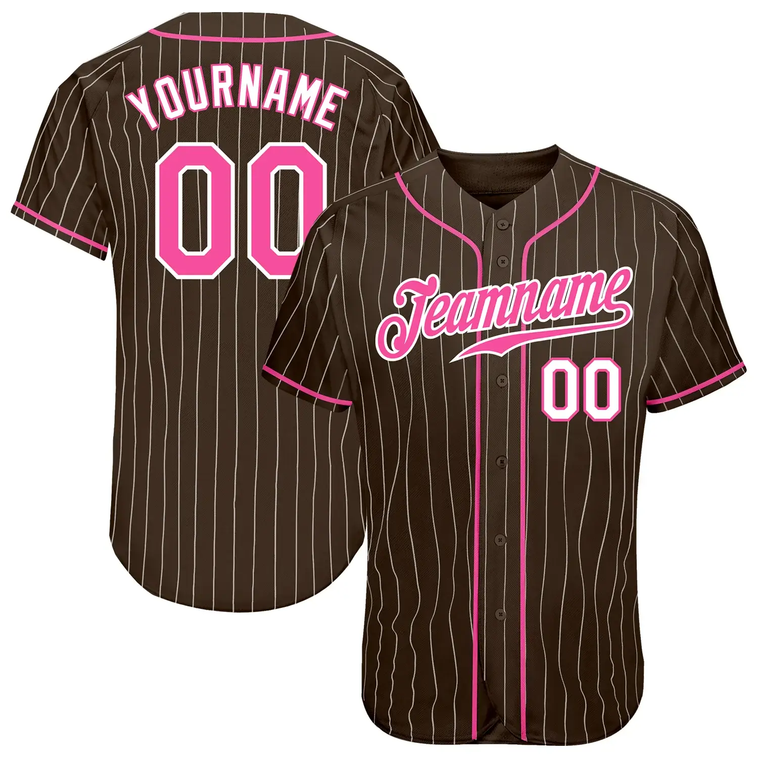 Custom Brown Pinstripe Baseball Jersey with Pink-White