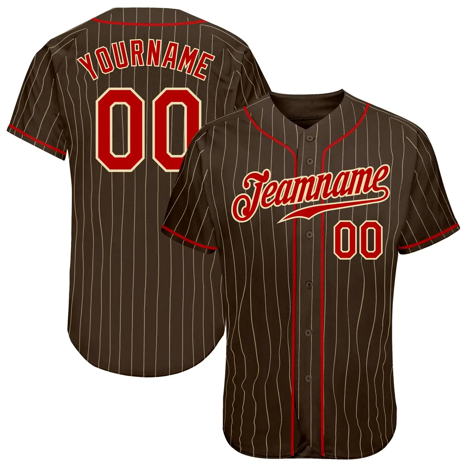 Custom Brown Pinstripe Baseball Jersey with Red-Cream