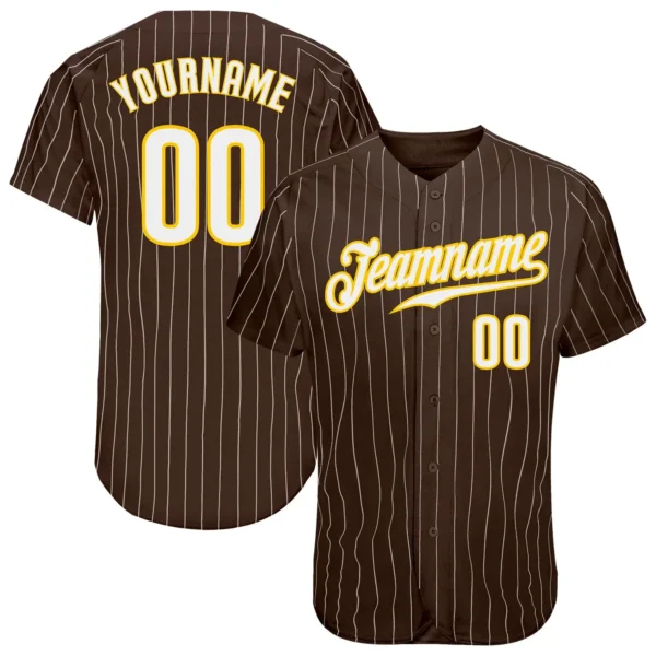 Custom Brown Pinstripe Baseball Jersey with White-Gold