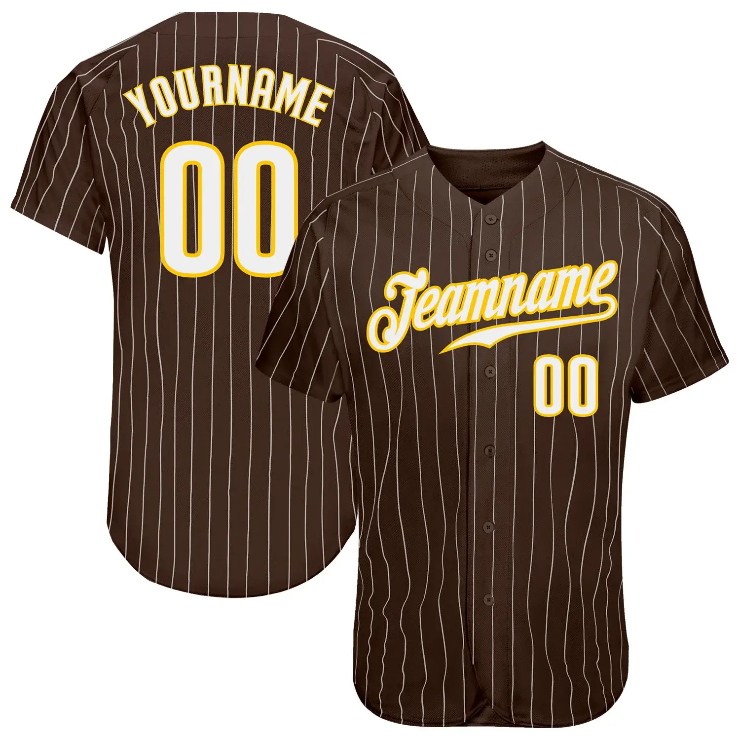 Custom Brown Pinstripe Baseball Jersey with White-Gold