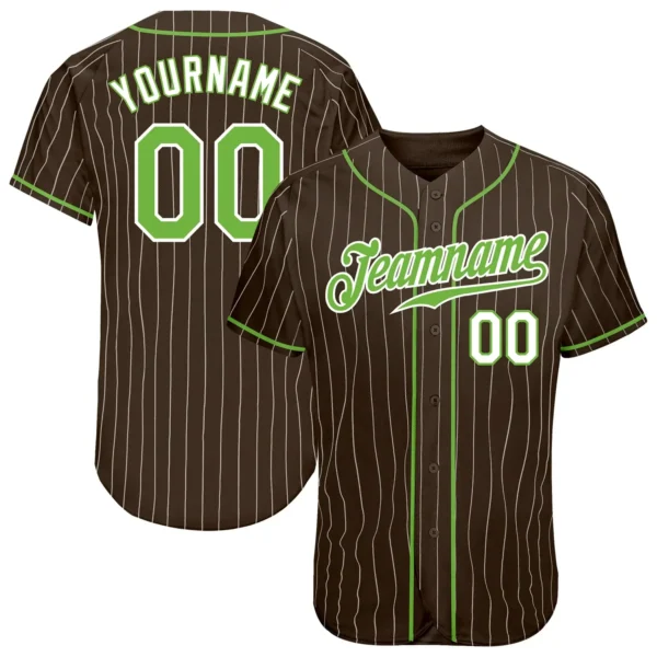 Custom Brown Pinstripe Baseball Jersey with Neon Green-White