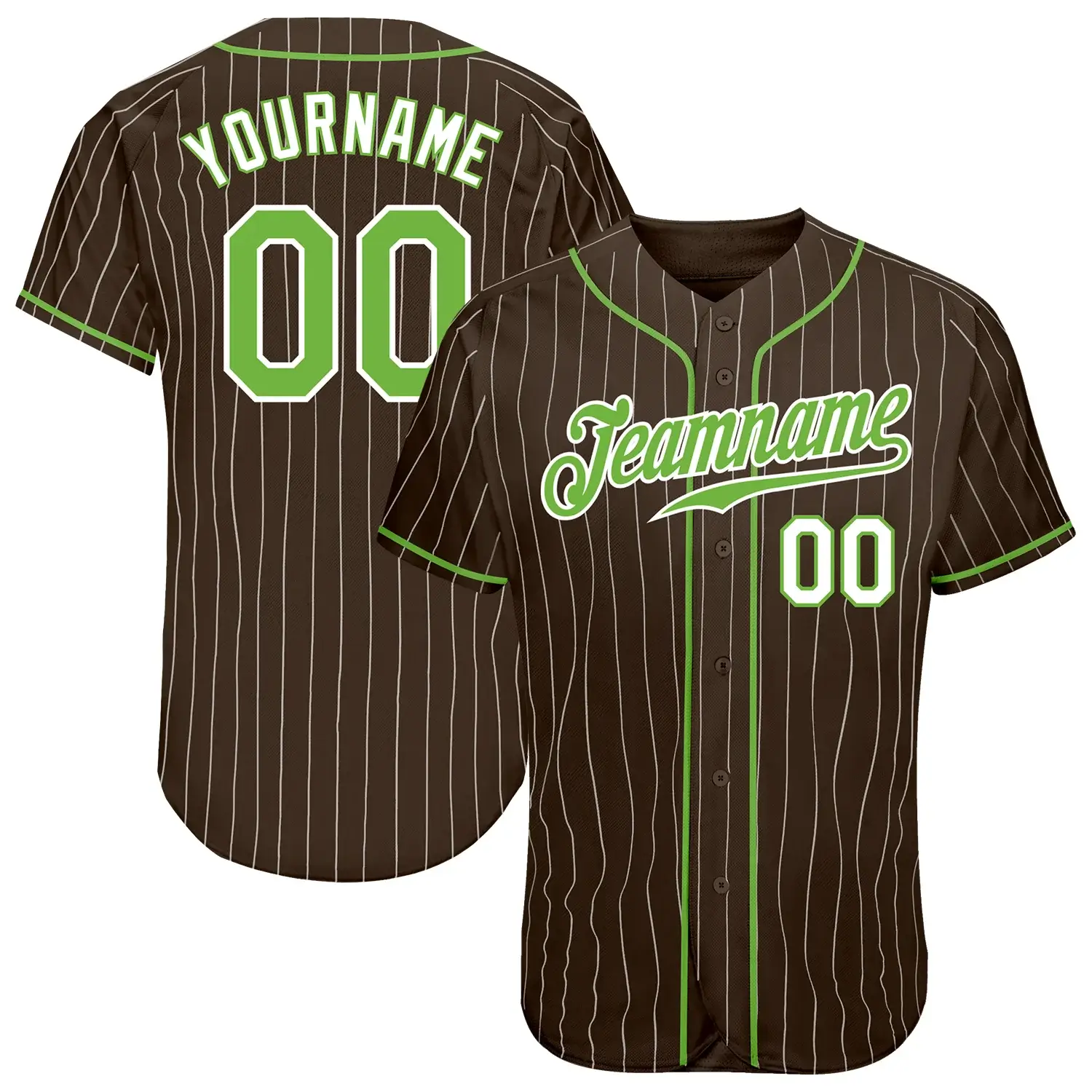 Custom Brown Pinstripe Baseball Jersey with Neon Green-White