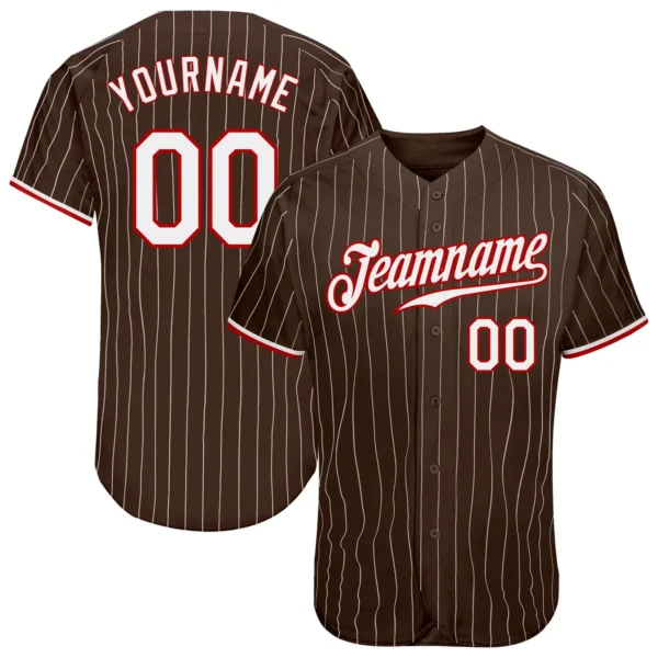 Custom Brown Pinstripe Baseball Jersey with White-Red