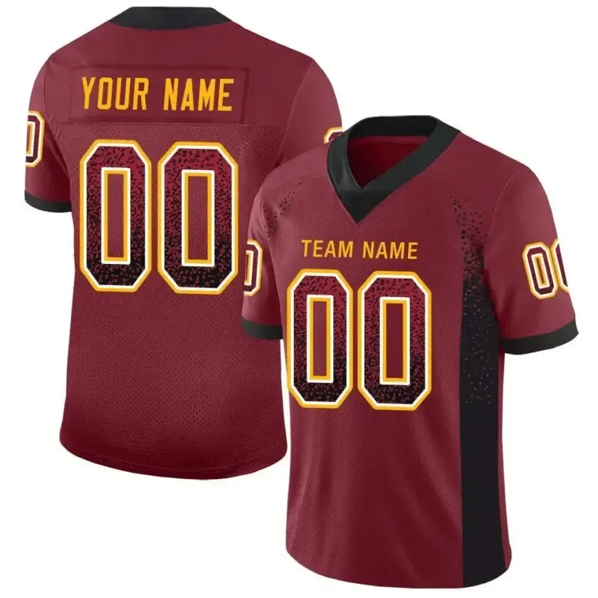 Custom Burgundy Mesh Drift Fashion Football Jersey with Black-Gold