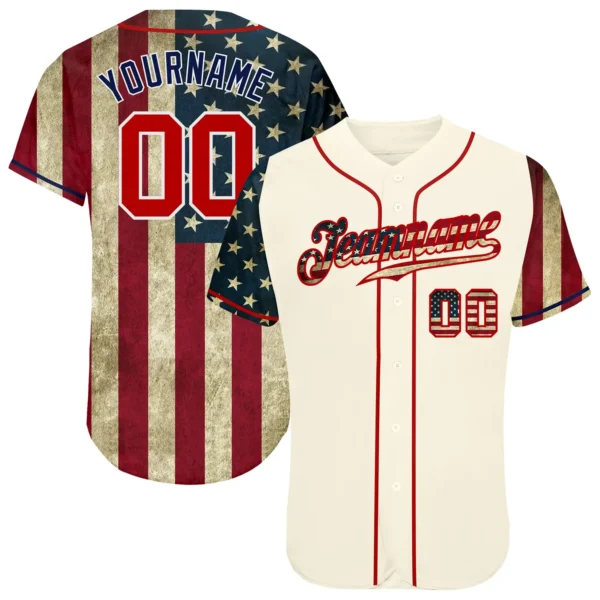 Custom Cream 3D USA Flag Baseball Jersey with Red-Navy