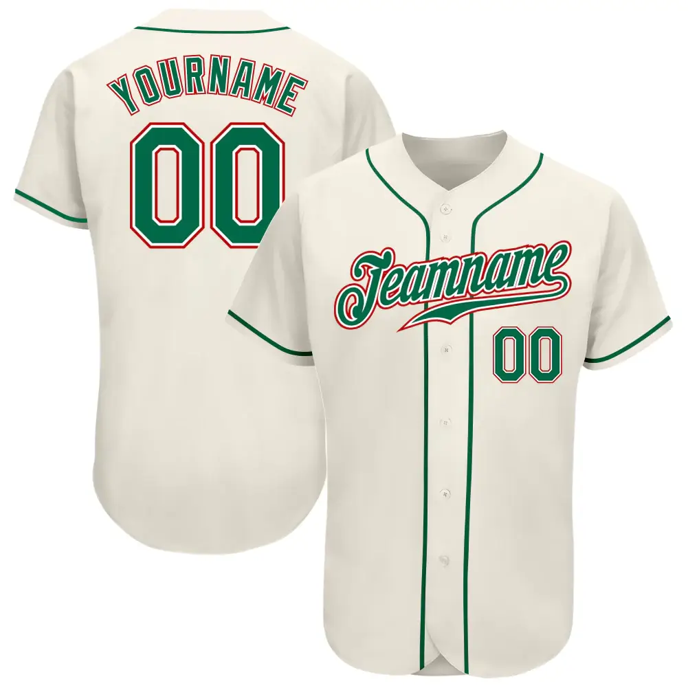 Custom Cream Baseball Jersey with Kelly Green-Red