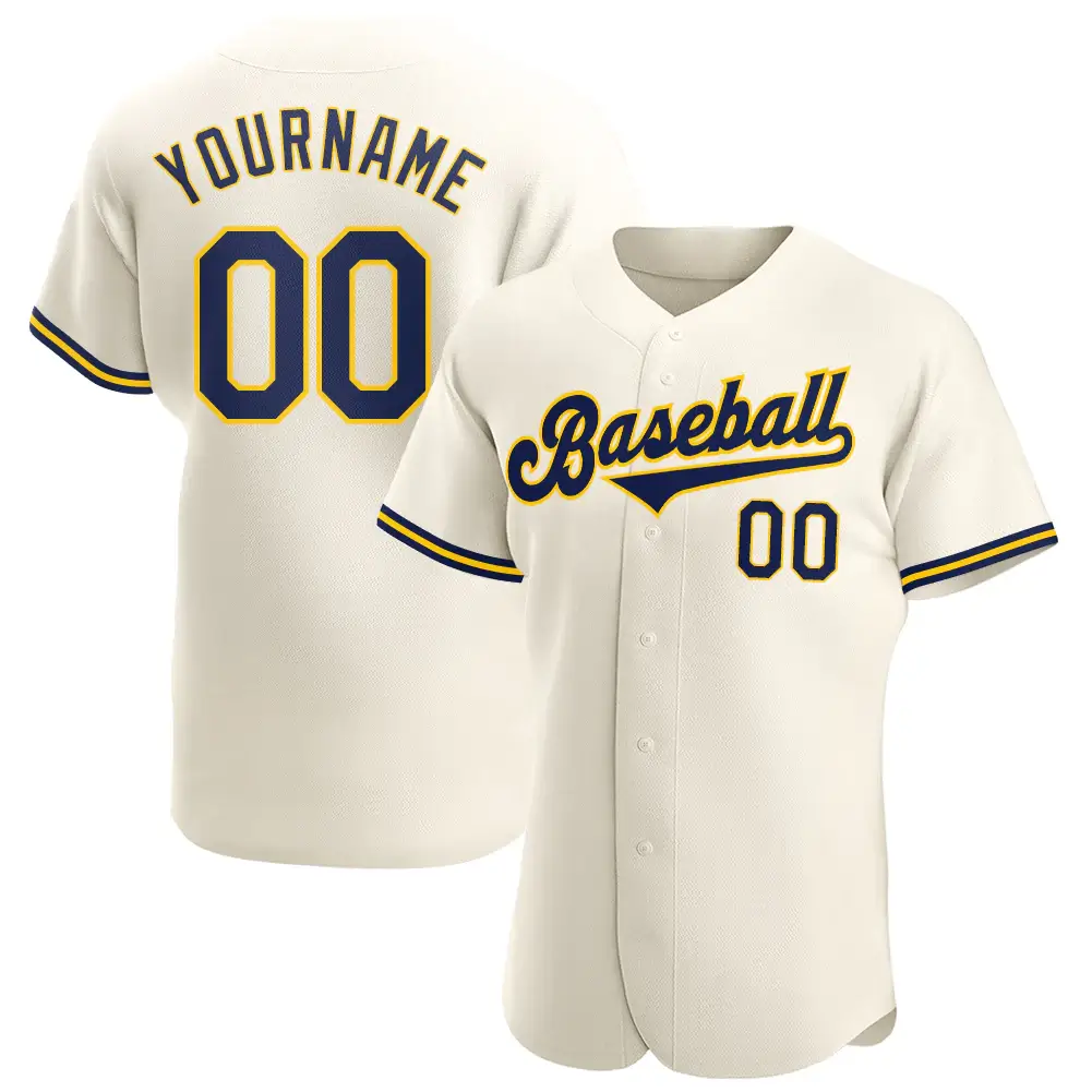 Custom Cream Baseball Jersey with Navy-Gold