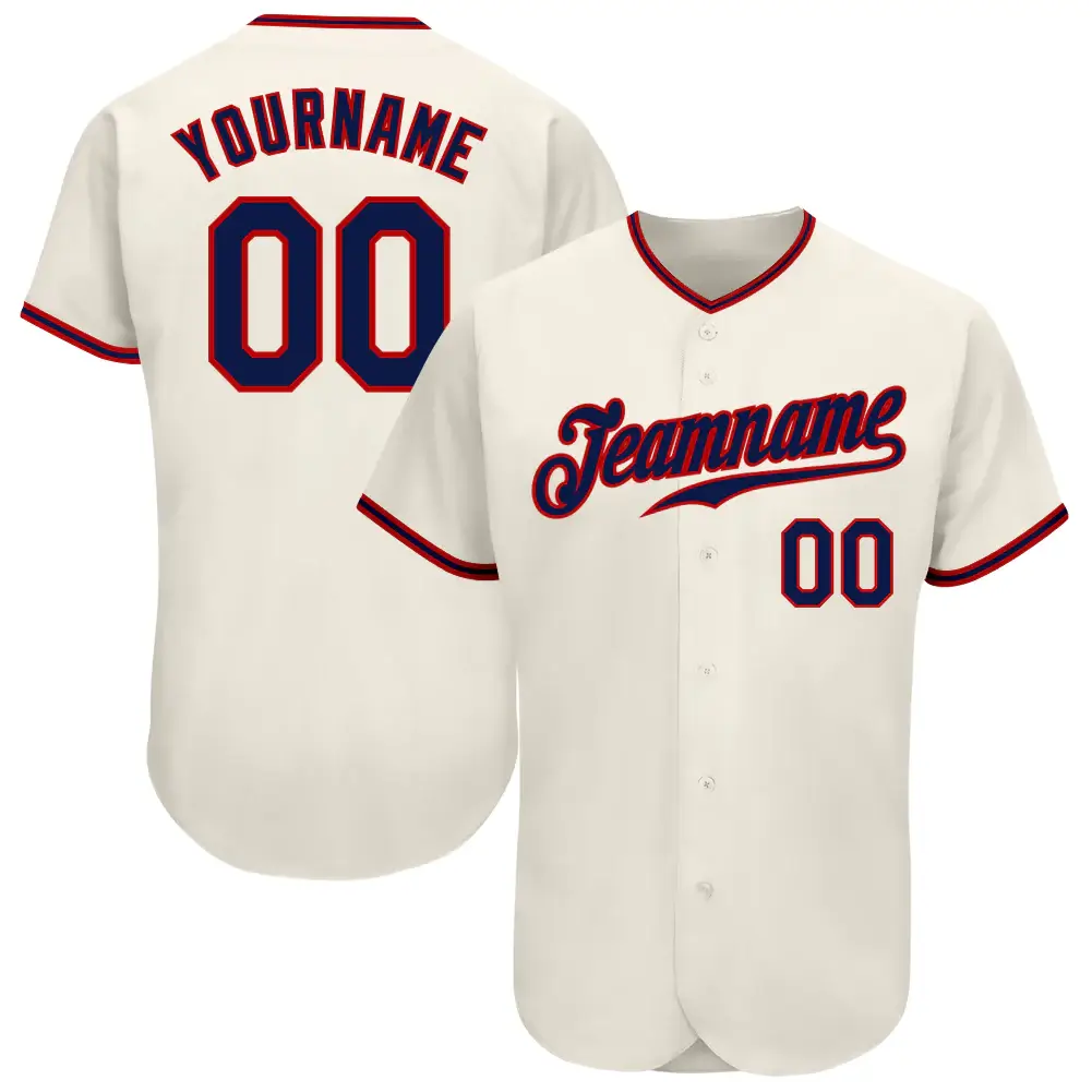 Custom Cream Baseball Jersey with Navy-Red