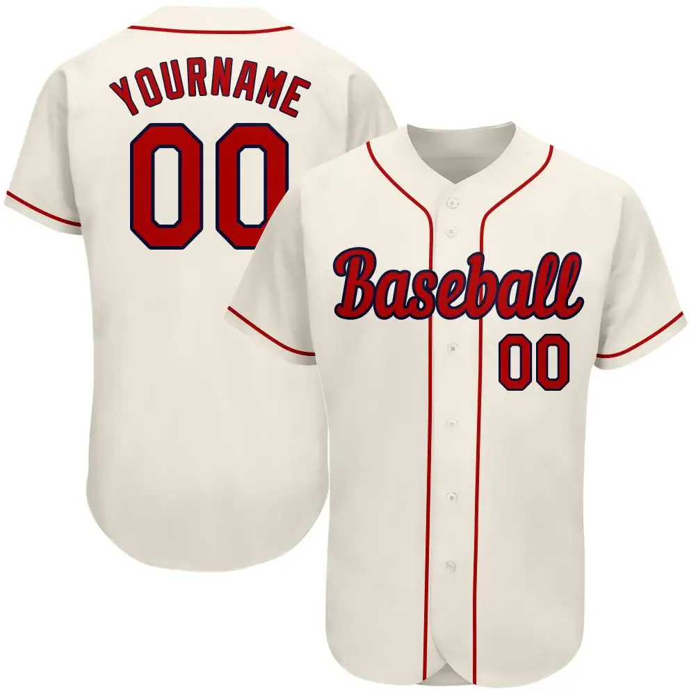 Custom Cream Baseball Jersey with Red-Navy