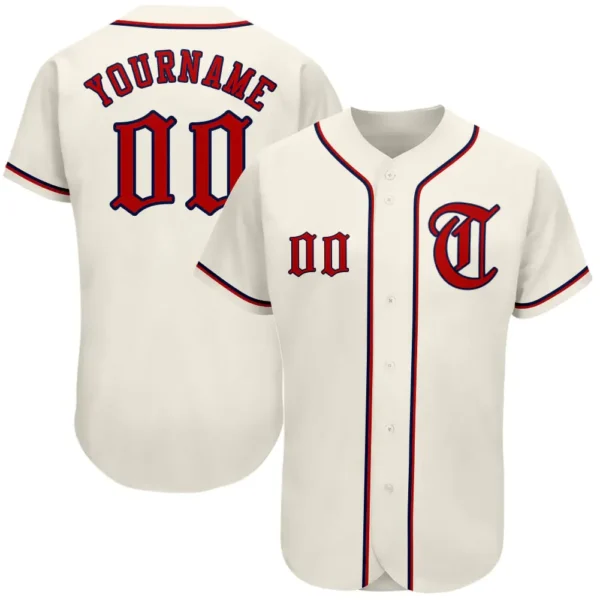 Custom Cream Baseball Jersey with Red-Navy