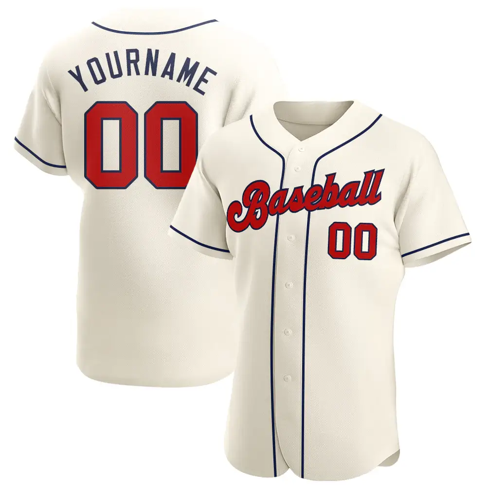Custom Cream Baseball Jersey with Red-Navy