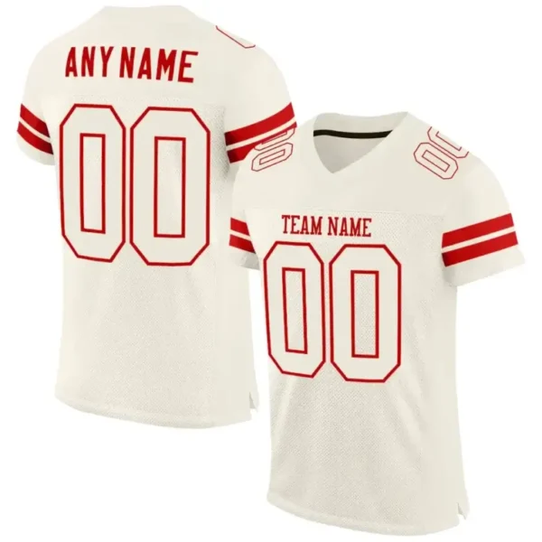 Custom Cream Mesh Football Jersey with Red