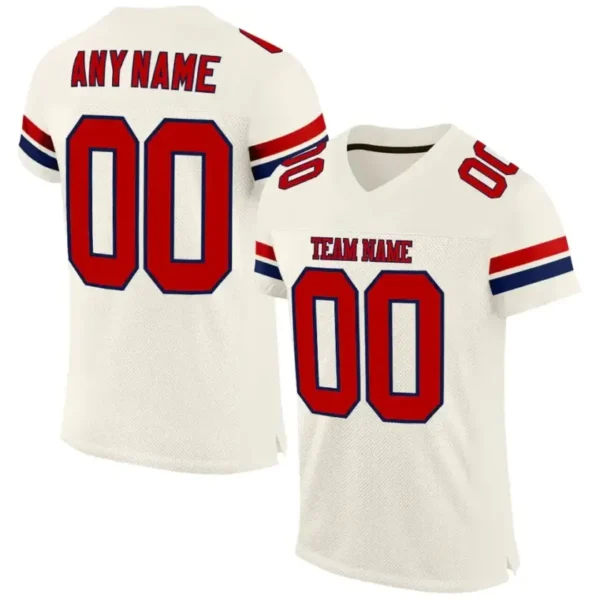 Custom Cream Mesh Football Jersey with Red-Navy