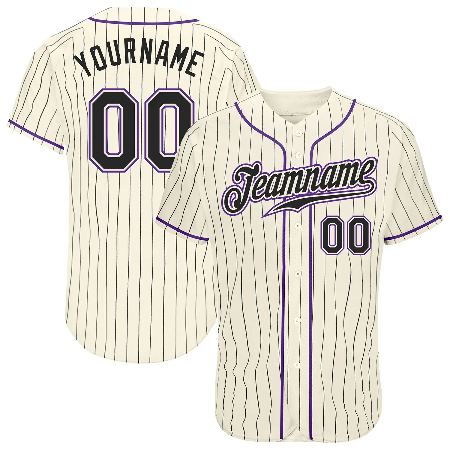 Custom Cream Pinstripe Baseball Jersey with Black-Purple