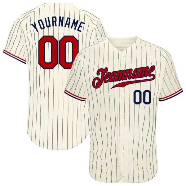 Custom Cream Pinstripe Baseball Jersey with Navy-Red